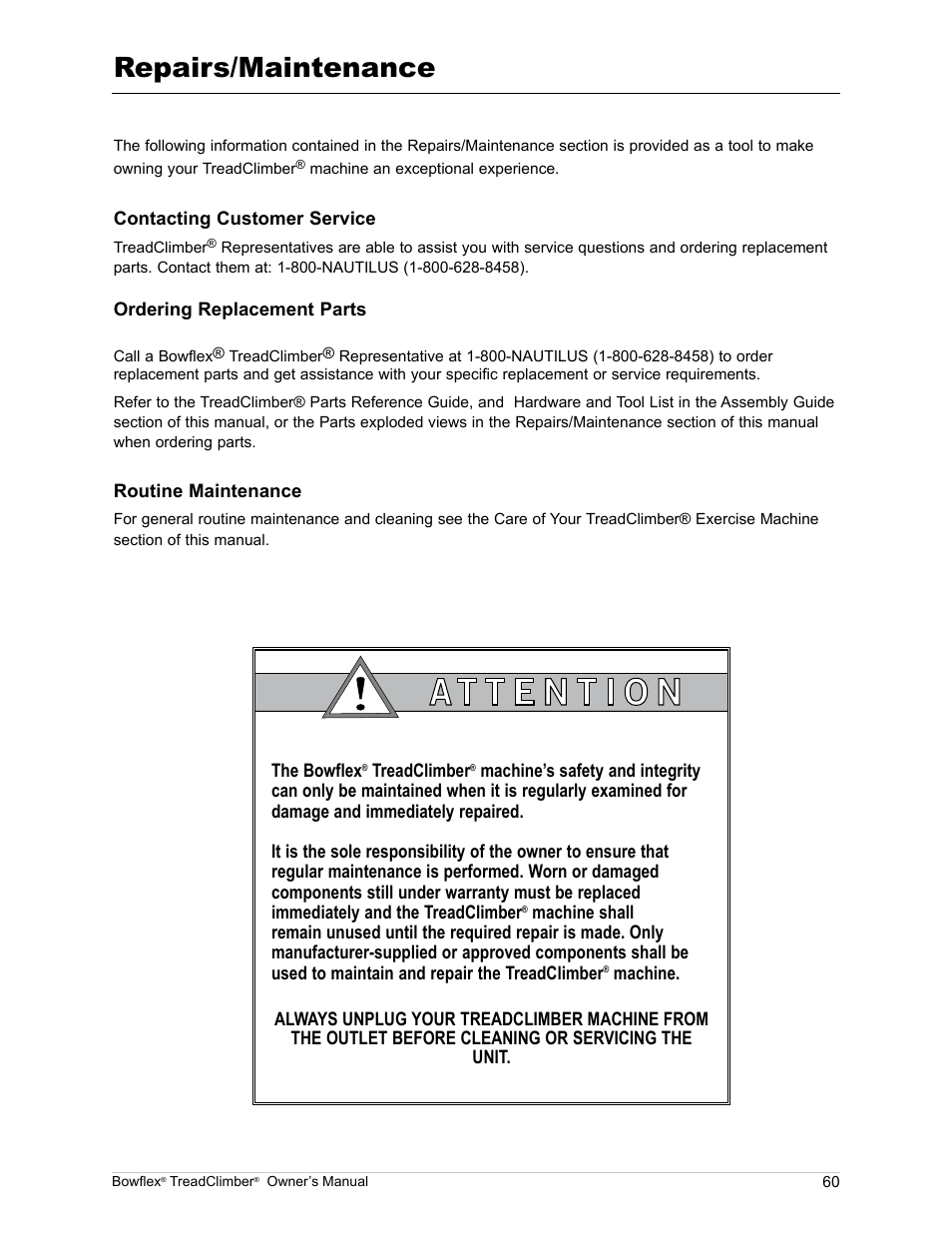 Repairs/maintenance | Bowflex TreadClimber TC5000 User Manual | Page 63 / 69
