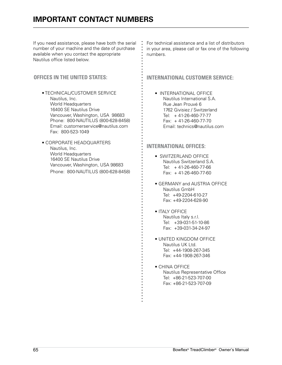Important contact numbers | Bowflex TreadClimber TC5000 User Manual | Page 68 / 69