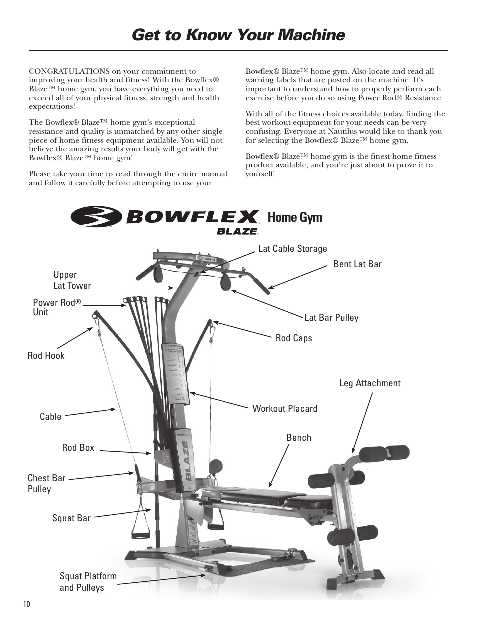 Get to know your machine, Home gym | Bowflex Blaze Home Gym User Manual | Page 10 / 80