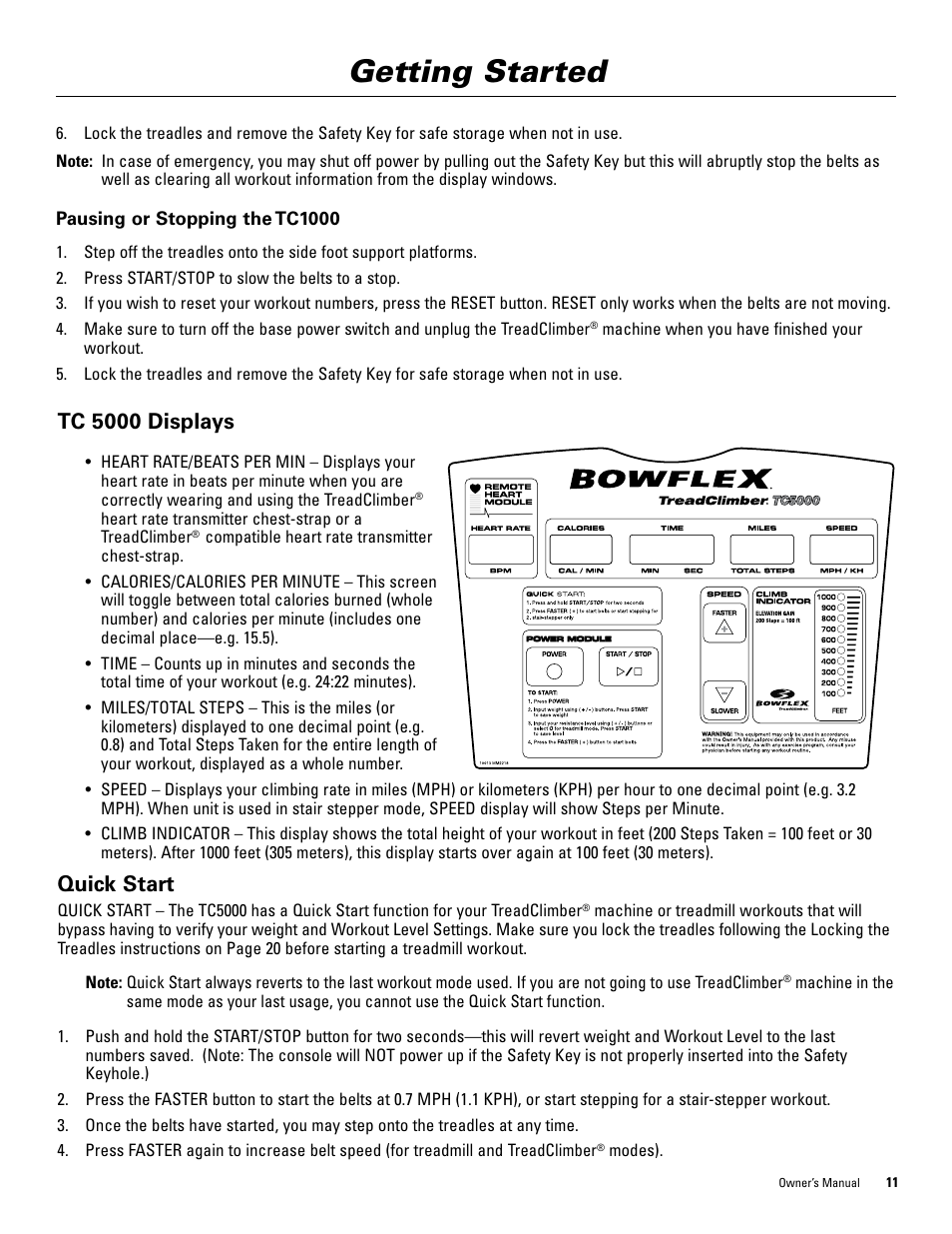 Getting started, Tc 5000 displays, Quick start | Bowflex TreadClimber 5000 User Manual | Page 15 / 44