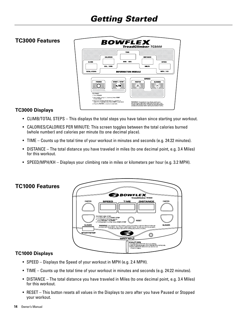 Getting started, Tc3000 features, Tc1000 features | Tc3000 displays, Tc1000 displays | Bowflex TreadClimber 5000 User Manual | Page 18 / 44