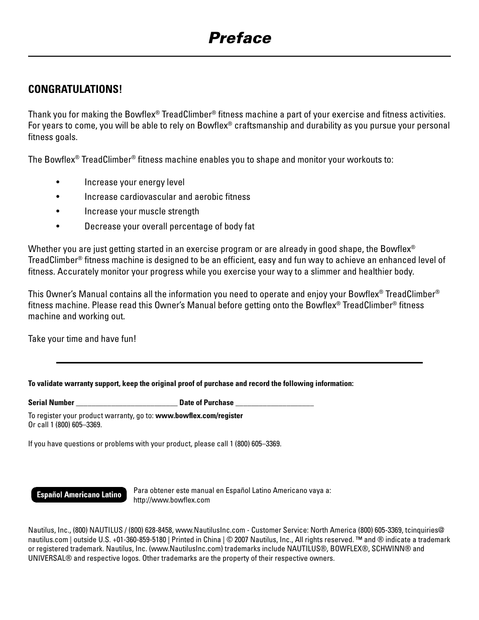 Preface | Bowflex TreadClimber 5000 User Manual | Page 2 / 44