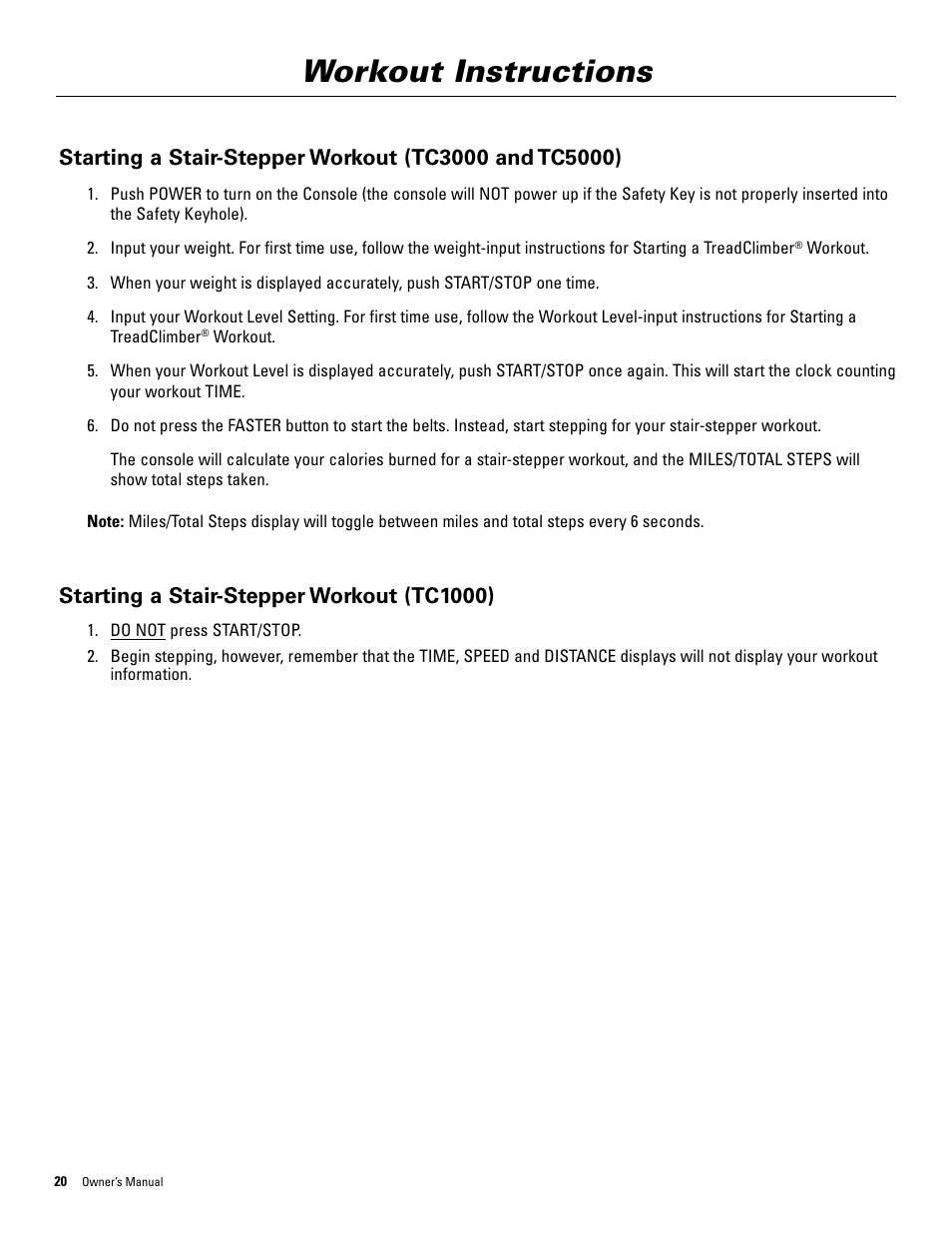 Workout instructions, Starting a stair-stepper workout (tc1000) | Bowflex TreadClimber 5000 User Manual | Page 24 / 44