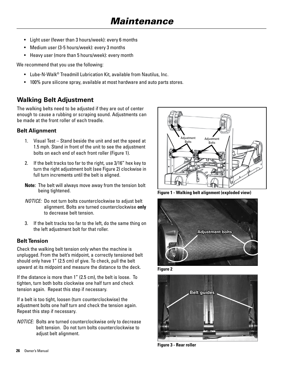 Maintenance, Walking belt adjustment | Bowflex TreadClimber 5000 User Manual | Page 30 / 44