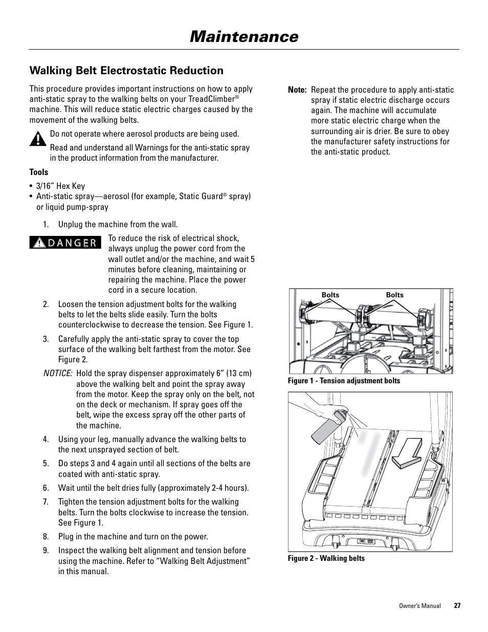 Maintenance, Walking belt electrostatic reduction | Bowflex TreadClimber 5000 User Manual | Page 31 / 44