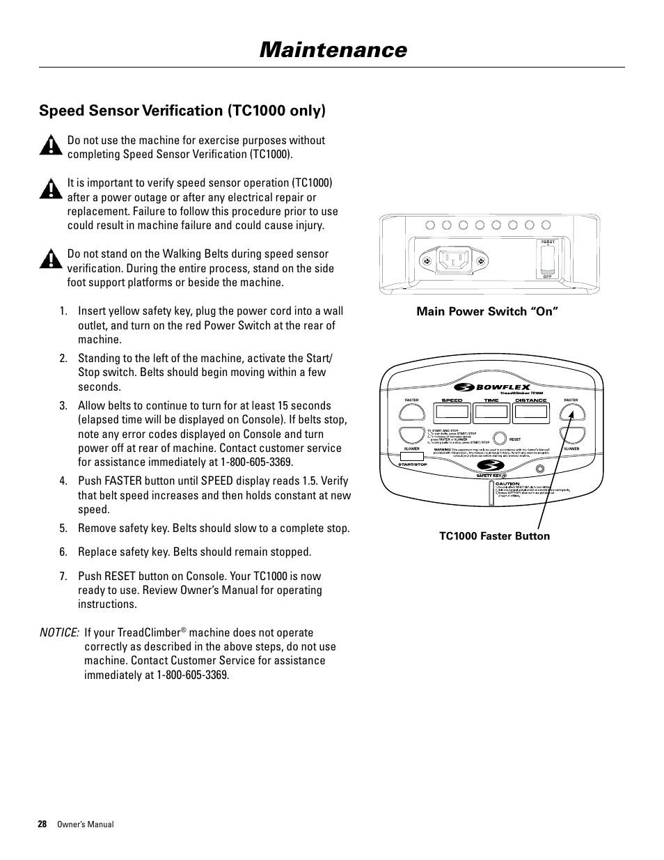 Maintenance, Speed sensor verification (tc1000 only) | Bowflex TreadClimber 5000 User Manual | Page 32 / 44