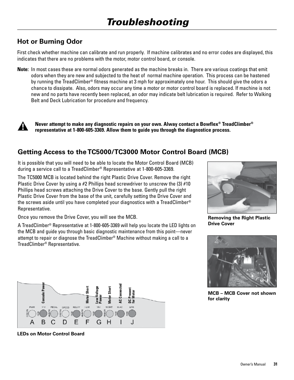 Troubleshooting, Hot or burning odor | Bowflex TreadClimber 5000 User Manual | Page 35 / 44