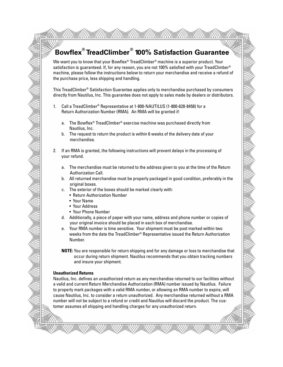 Bowflex, Treadclimber, 100% satisfaction guarantee | Bowflex TreadClimber 5000 User Manual | Page 43 / 44