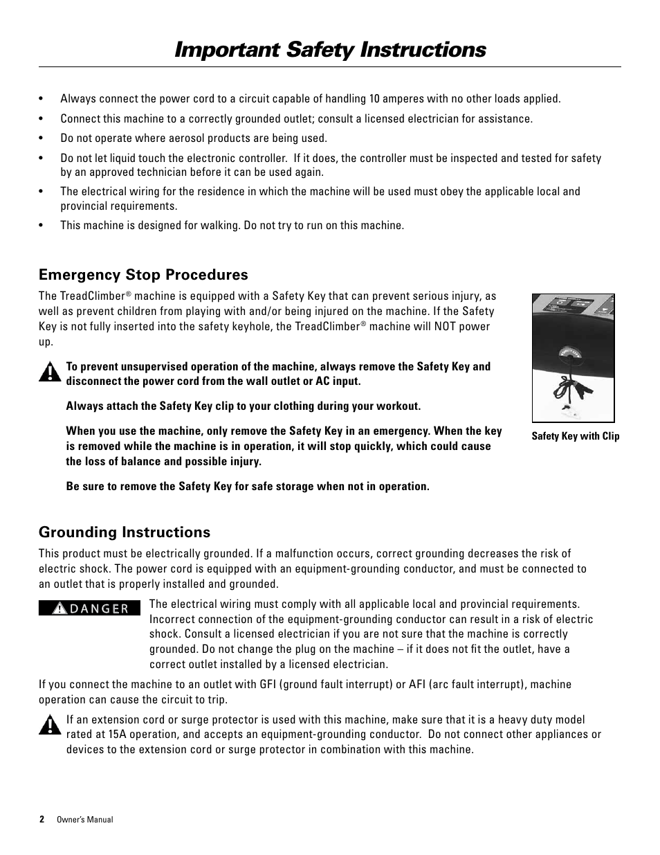Important safety instructions, Emergency stop procedures, Grounding instructions | Bowflex TreadClimber 5000 User Manual | Page 6 / 44