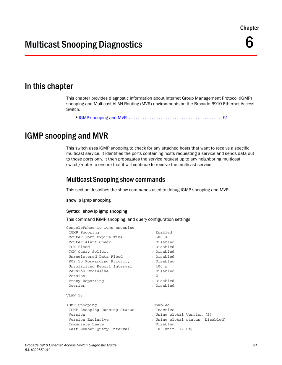 Multicast snooping diagnostics, Igmp snooping and mvr, Multicast snooping show commands | Chapter 6, Chapter | Brocade 6910 Ethernet Access Switch Diagnostic Guide (Supporting R2.2.0.0) User Manual | Page 61 / 88