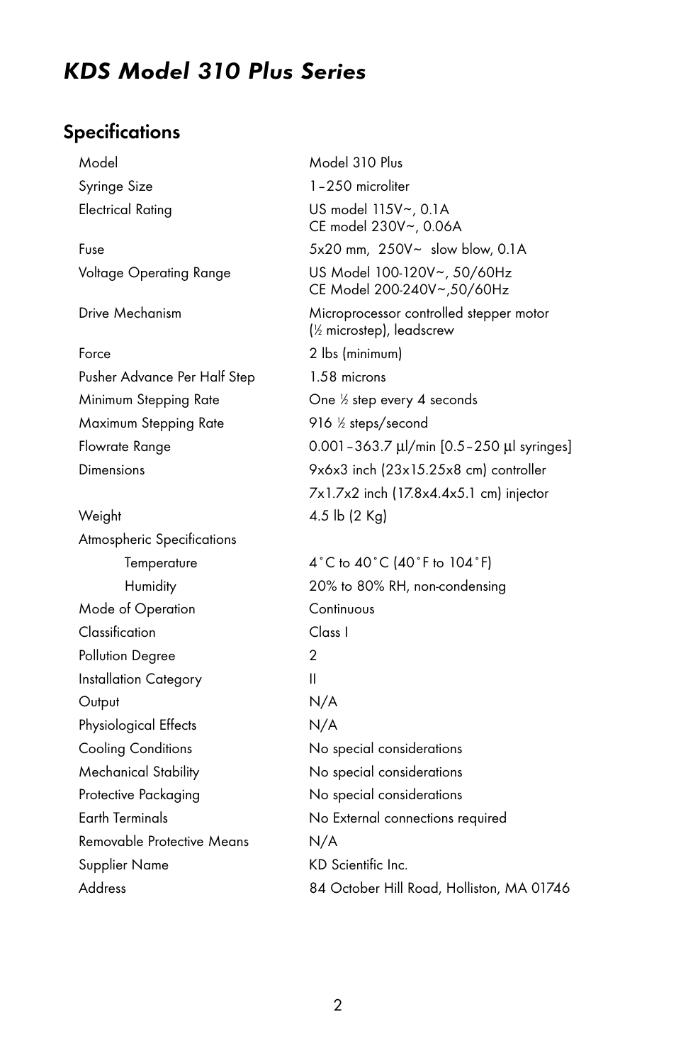 Kds model 310 plus series, Specifications | KD Scientific 310 User Manual | Page 4 / 14