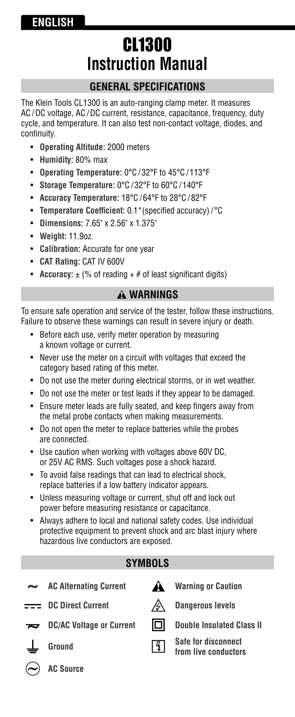 Cl1300 instruction manual, English, General specifications | Warnings, Symbols | Klein Tools CL1300 User Manual | Page 2 / 24