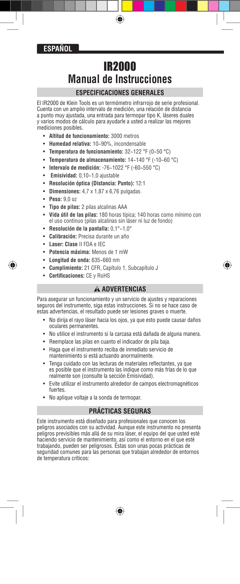 Ir2000 manual de instrucciones, Español, Especificaciones generales | Advertencias, Prácticas seguras | Klein Tools IR2000 User Manual | Page 10 / 24