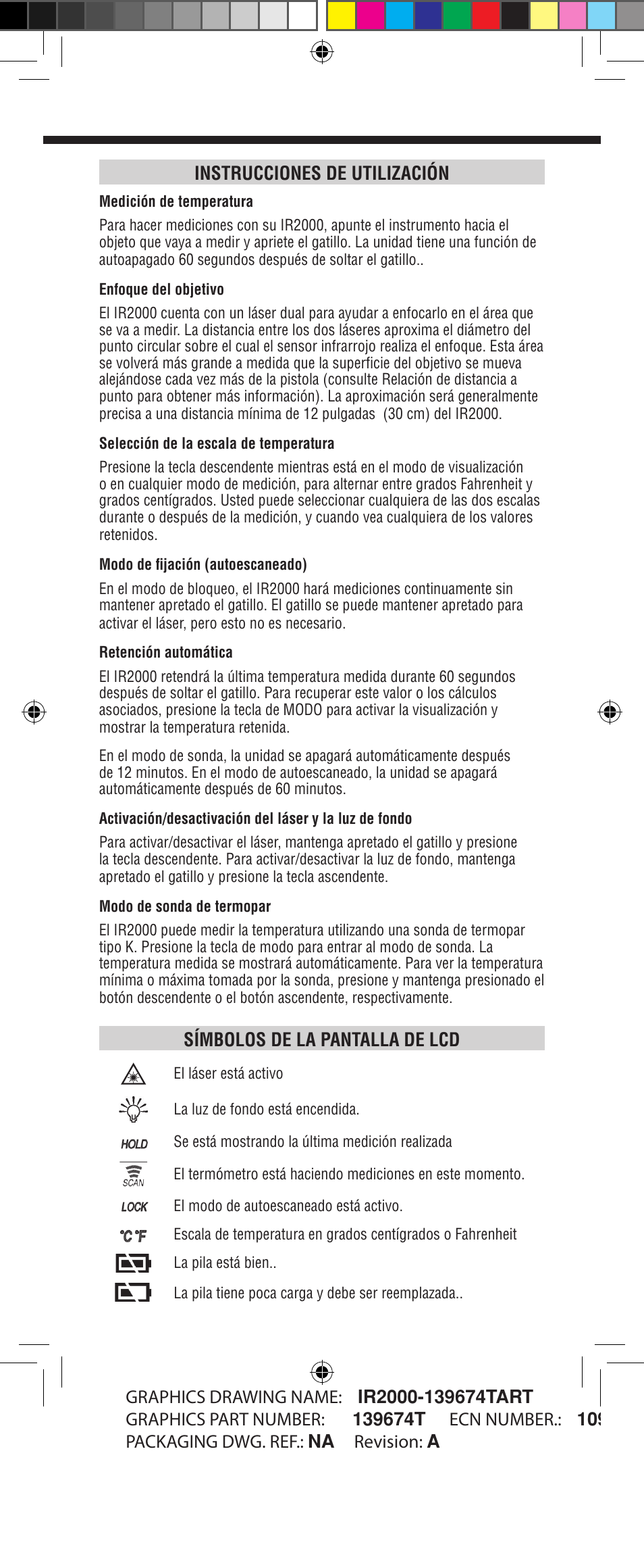 Instrucciones de utilización, Símbolos de la pantalla de lcd | Klein Tools IR2000 User Manual | Page 12 / 24