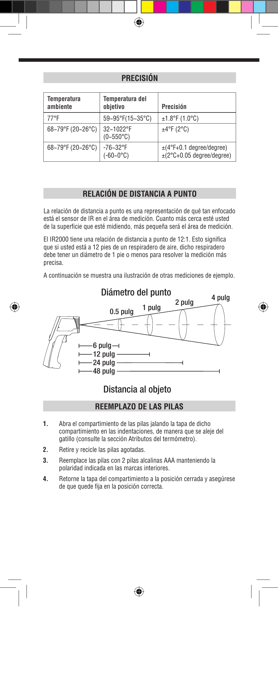 Diámetro del punto distancia al objeto, Reemplazo de las pilas, Precisión | Relación de distancia a punto | Klein Tools IR2000 User Manual | Page 15 / 24