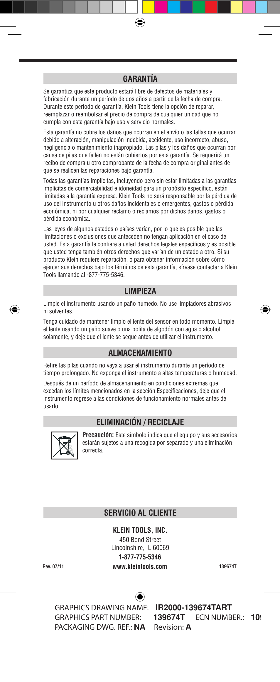 Servicio al cliente, Garantía, Limpieza | Almacenamiento, Eliminación / reciclaje | Klein Tools IR2000 User Manual | Page 16 / 24