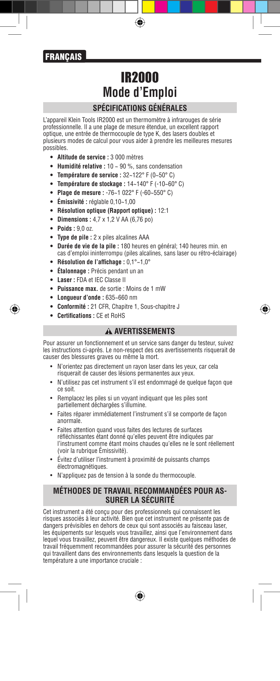 Ir2000 mode d’emploi, Français, Spécifications générales | Avertissements | Klein Tools IR2000 User Manual | Page 18 / 24