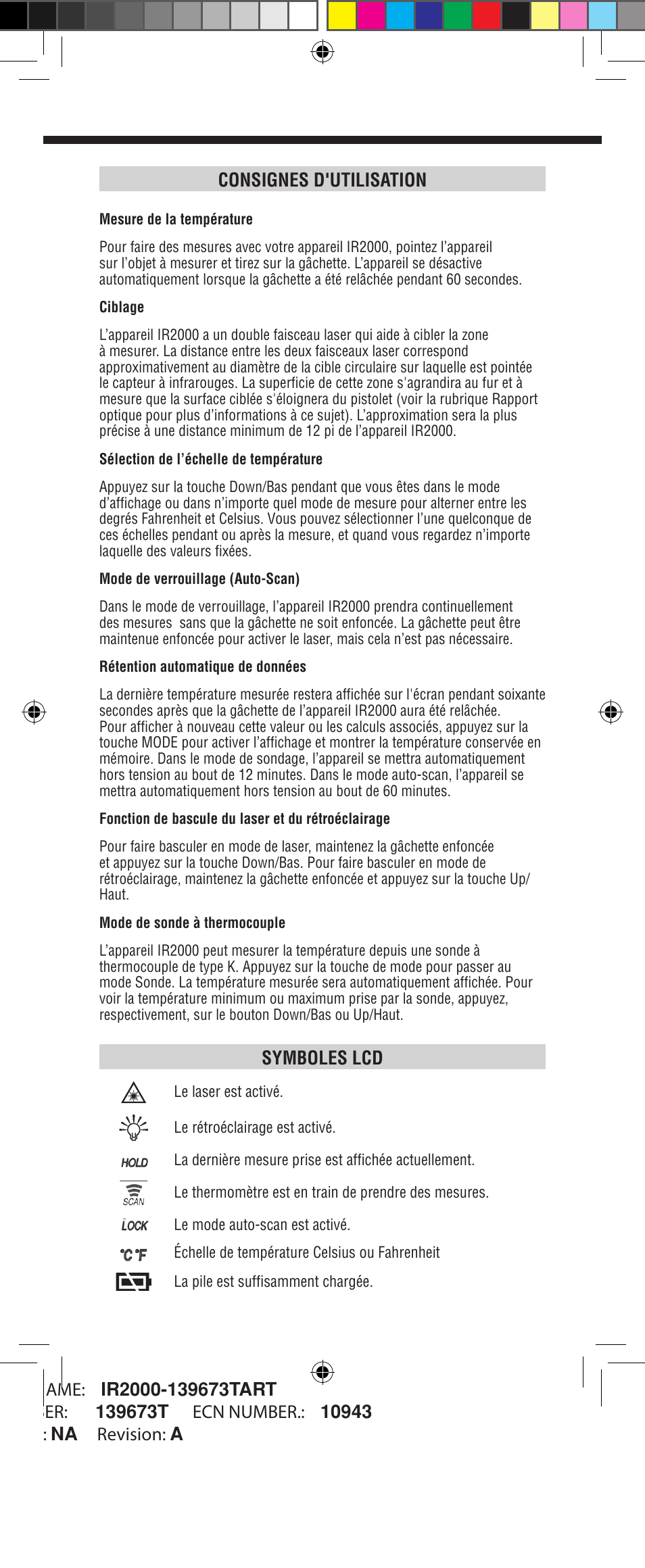 Consignes d'utilisation, Symboles lcd | Klein Tools IR2000 User Manual | Page 20 / 24