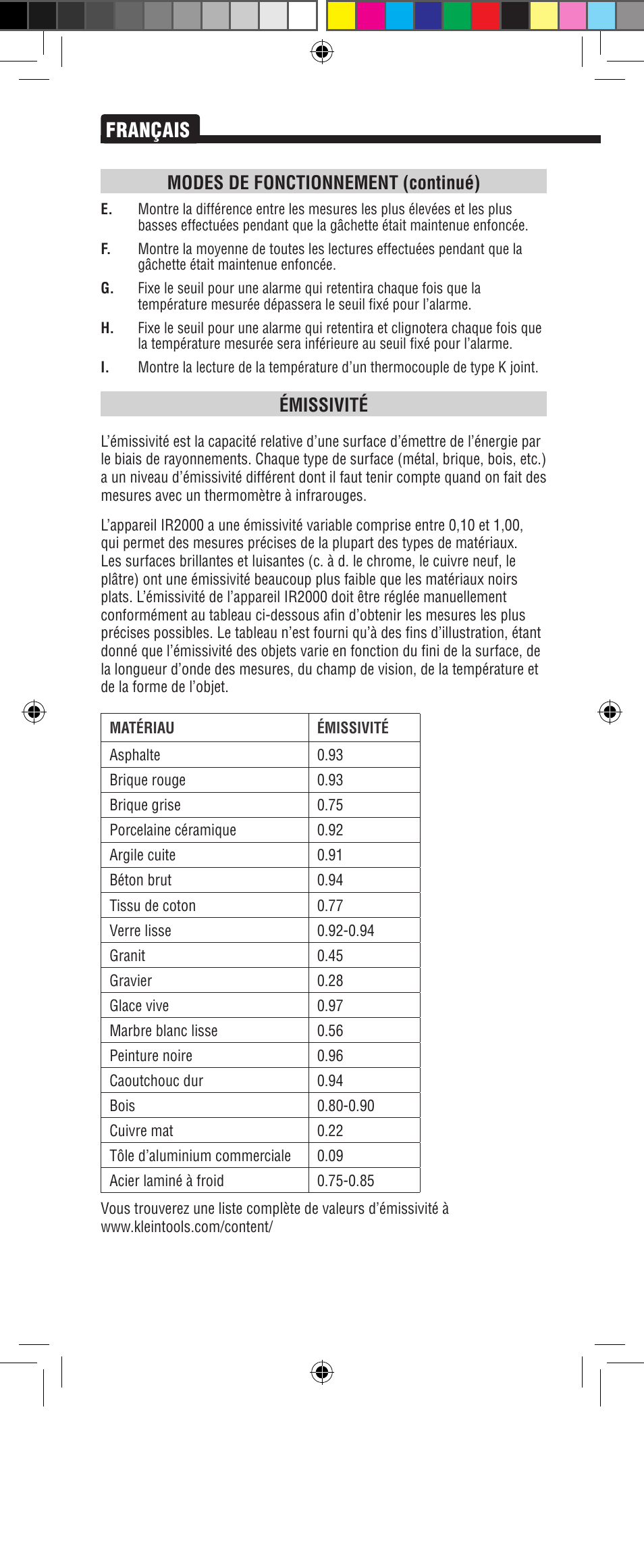 Français, Émissivité, Modes de fonctionnement (continué) | Klein Tools IR2000 User Manual | Page 22 / 24