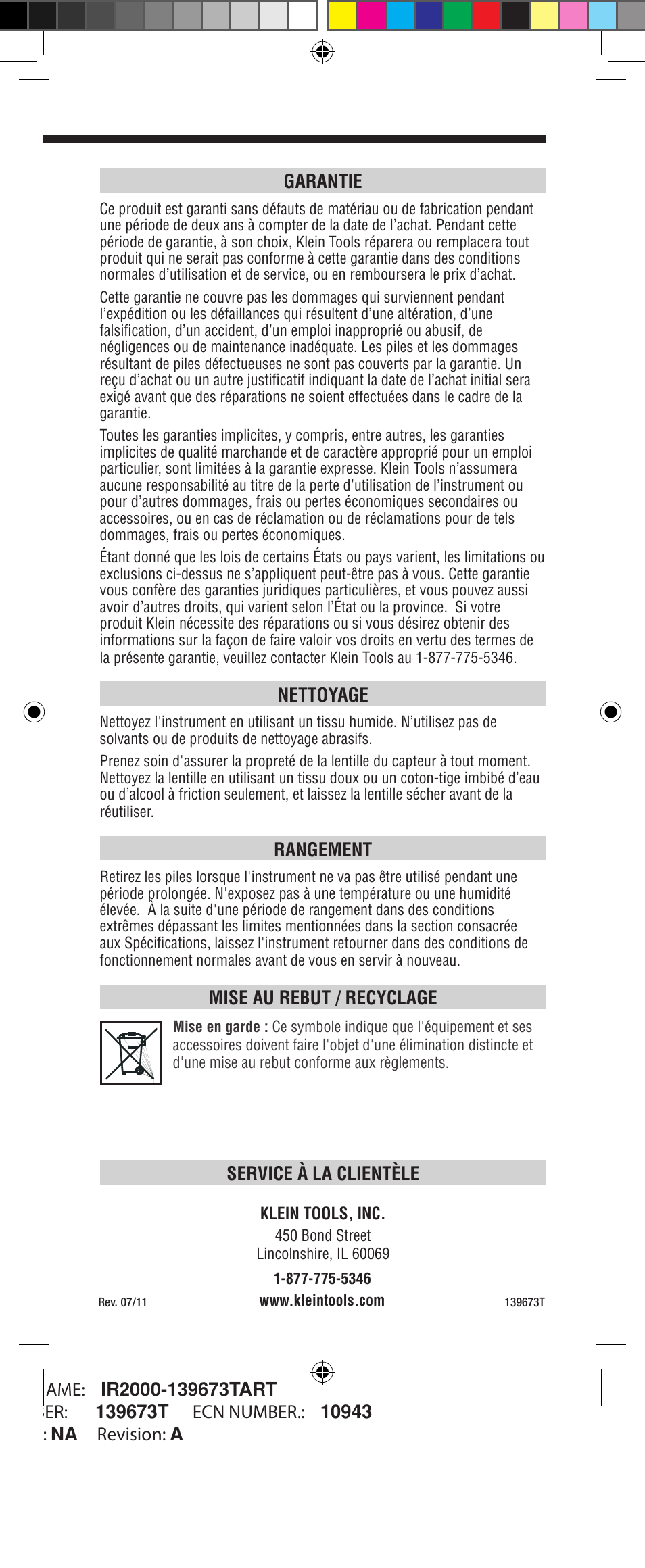 Service à la clientèle, Garantie, Nettoyage | Rangement, Mise au rebut / recyclage | Klein Tools IR2000 User Manual | Page 24 / 24