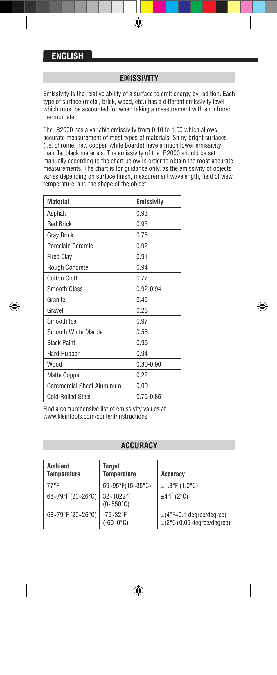 English, Emissivity, Accuracy | Klein Tools IR2000 User Manual | Page 6 / 24