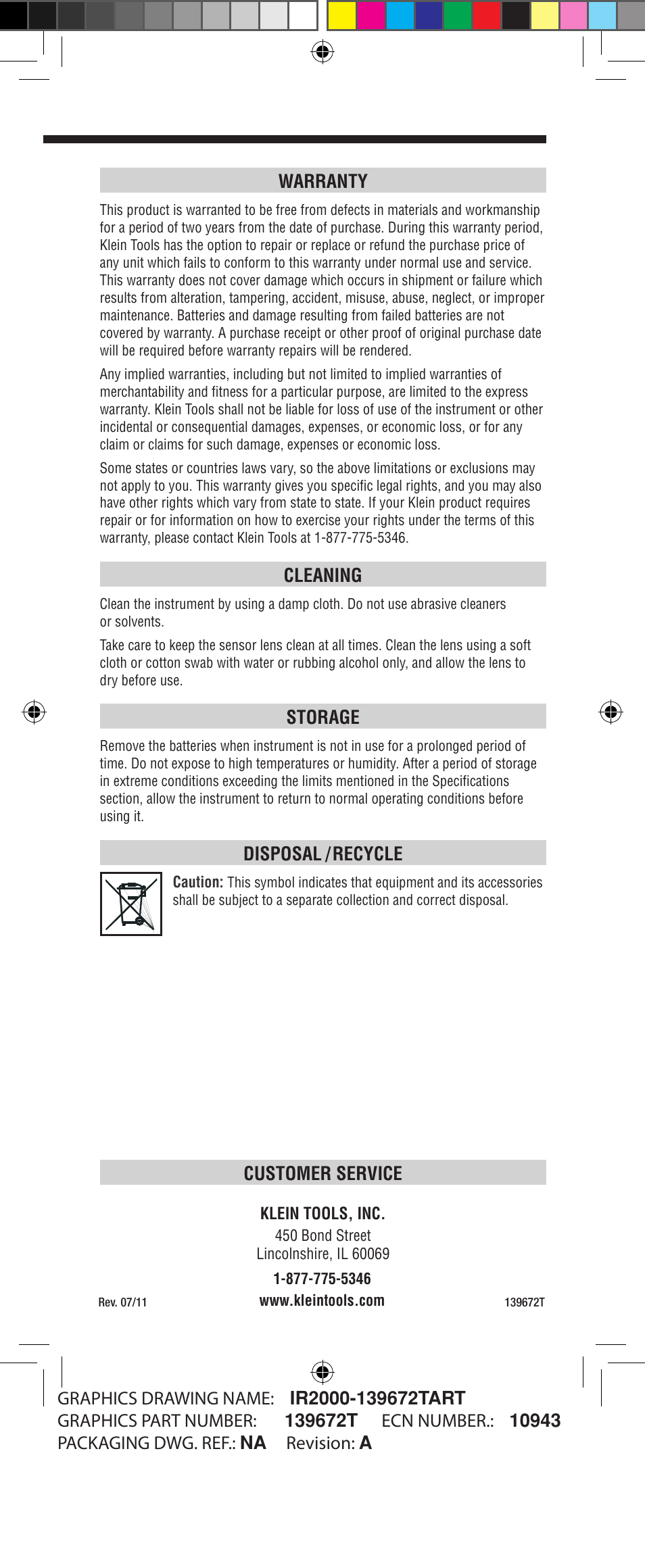 Customer service, Warranty, Cleaning | Storage, Disposal / recycle | Klein Tools IR2000 User Manual | Page 8 / 24
