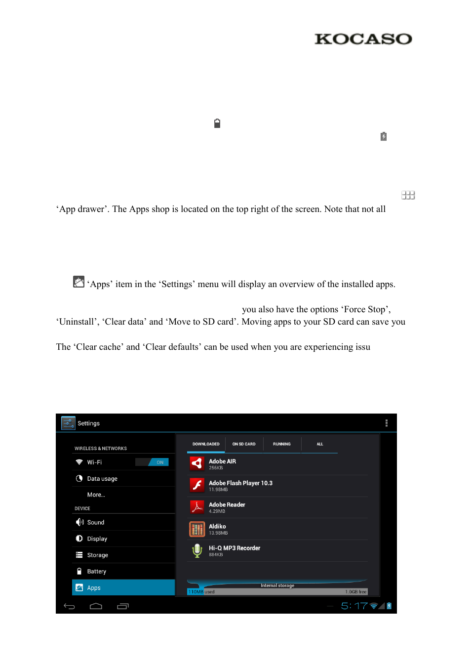 0 general operation, 1 battery status / charging your tablet, 2 installing apps | 3 administer / remove apps | KOCASO M1063 User Manual | Page 7 / 13