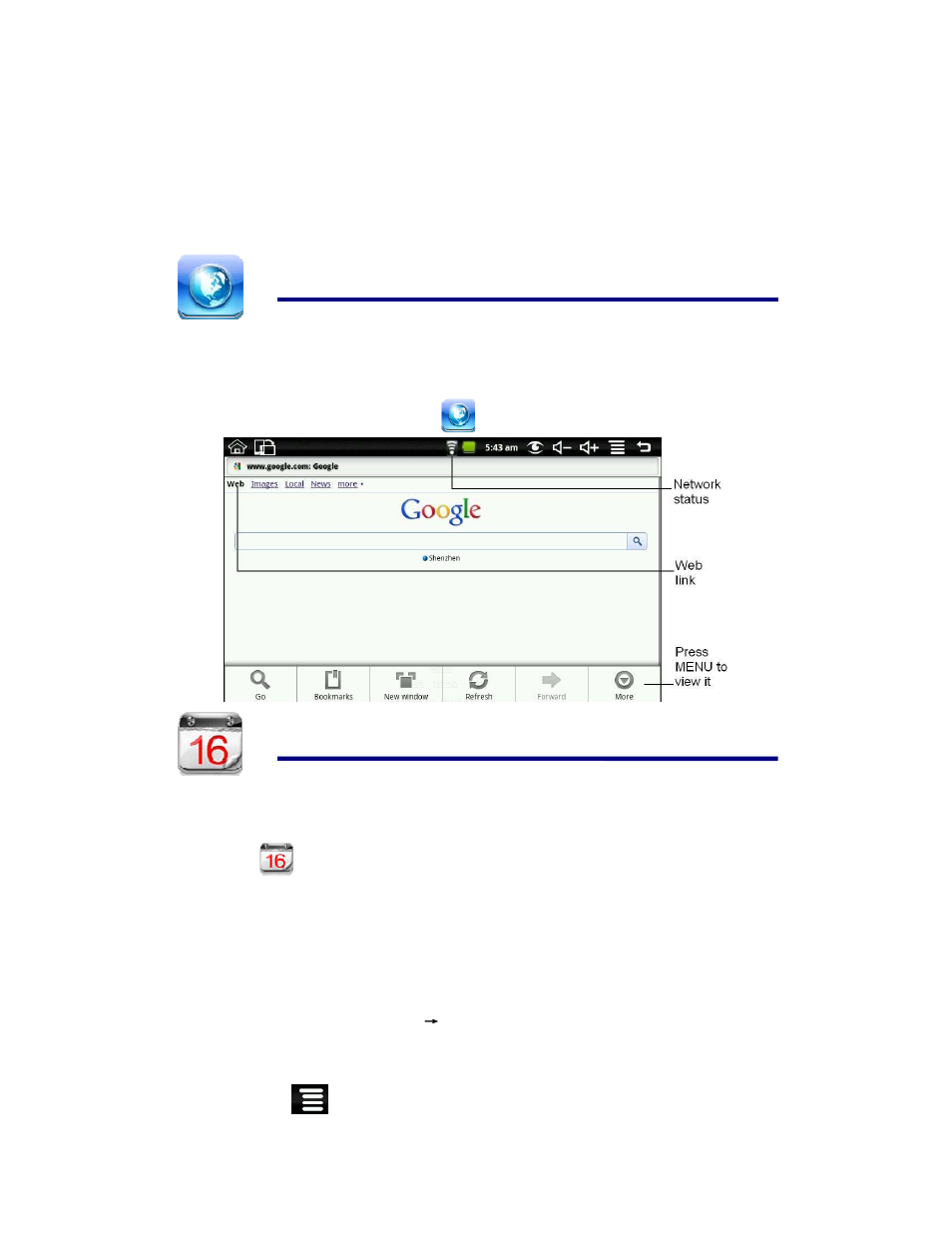 15 browser, 16 calendar | KOCASO M709 User Manual | Page 14 / 30
