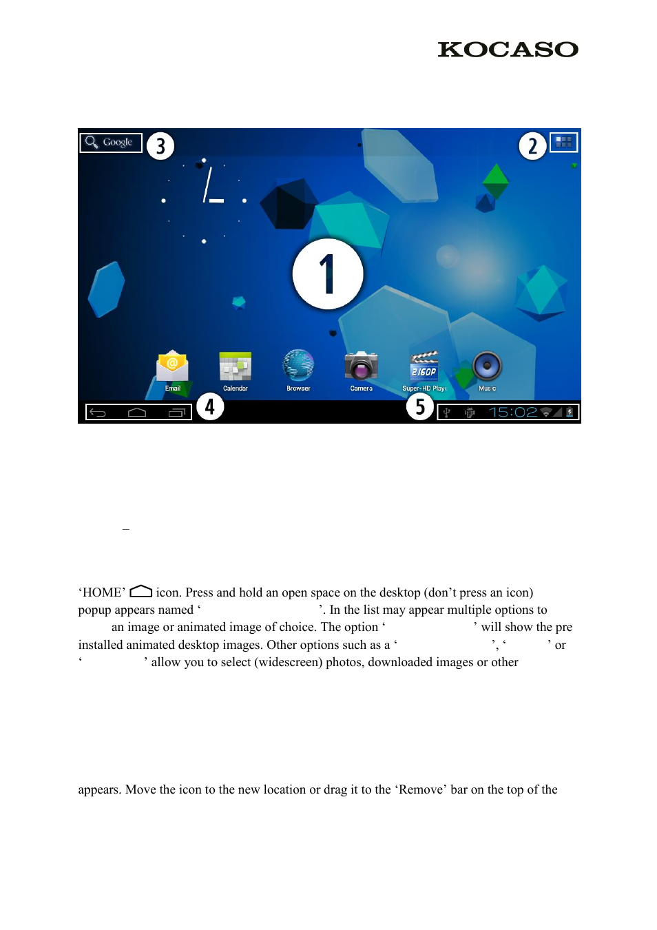 Introduction to google android 4.1, 1 the desktop | KOCASO M736 User Manual | Page 4 / 13