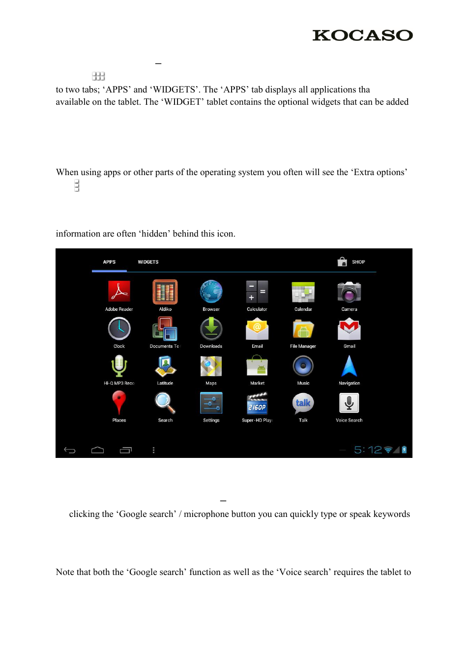 2 the app drawer – right top corner, 3 google search / voice search – left top corner | KOCASO M736 User Manual | Page 5 / 13