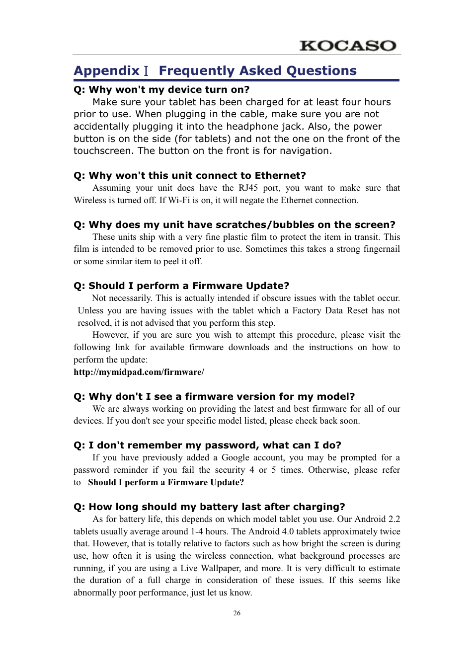 Appendix ĉ frequently asked questions | KOCASO M750 User Manual | Page 31 / 36