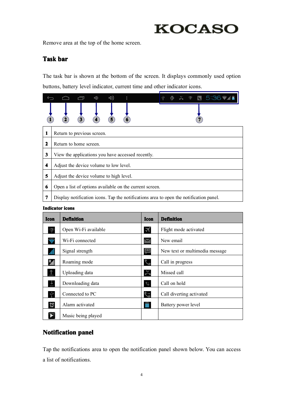 Taskbar, Notificationpanel, Task bar | Notification panel, Task, Task task bar bar bar bar, Notification, Notification notification panel panel panel panel | KOCASO M756 User Manual | Page 6 / 28