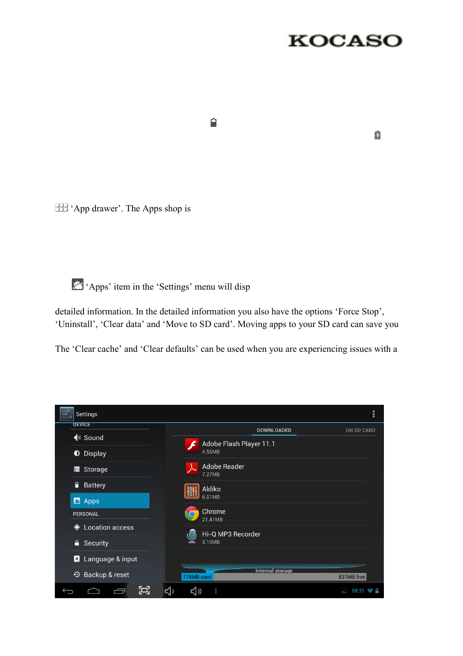 3 general operation, 1 battery status / charging your tablet, 2 installing apps | 3 administer / remove apps | KOCASO M770 User Manual | Page 7 / 14