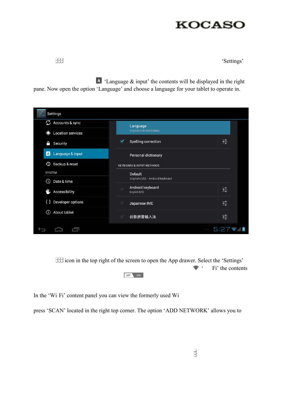 4 basic setup, 1 changing operating language, 2 wi-fi settings | KOCASO M770 User Manual | Page 9 / 14