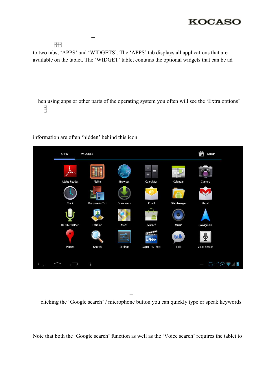 2 the app drawer – right top corner, 3 google search / voice search – left top corner | KOCASO M870 User Manual | Page 5 / 14