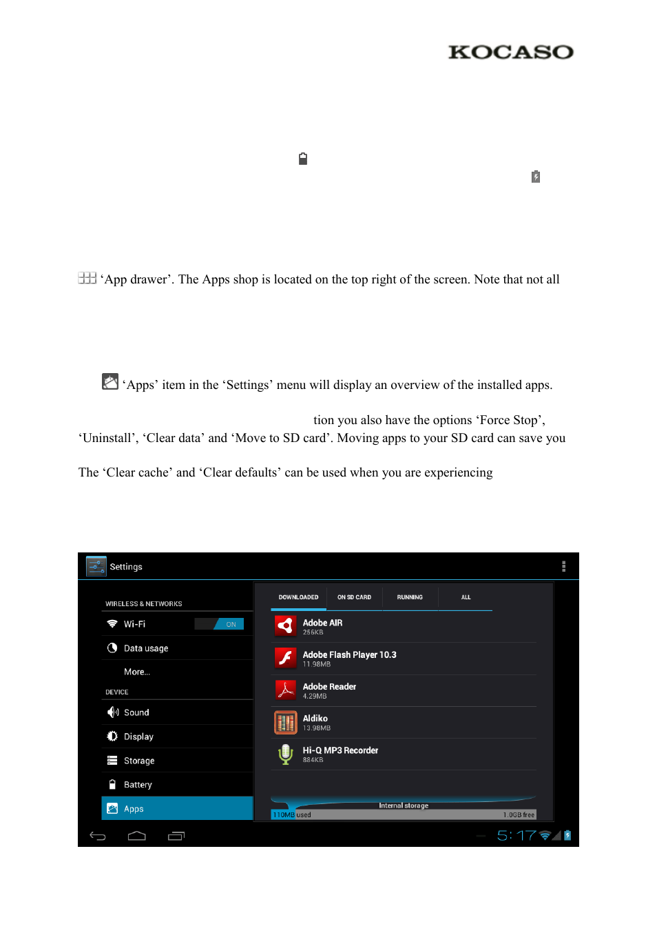 0 general operation, 1 battery status / charging your tablet, 2 installing apps | 3 administer / remove apps | KOCASO M870 User Manual | Page 7 / 14