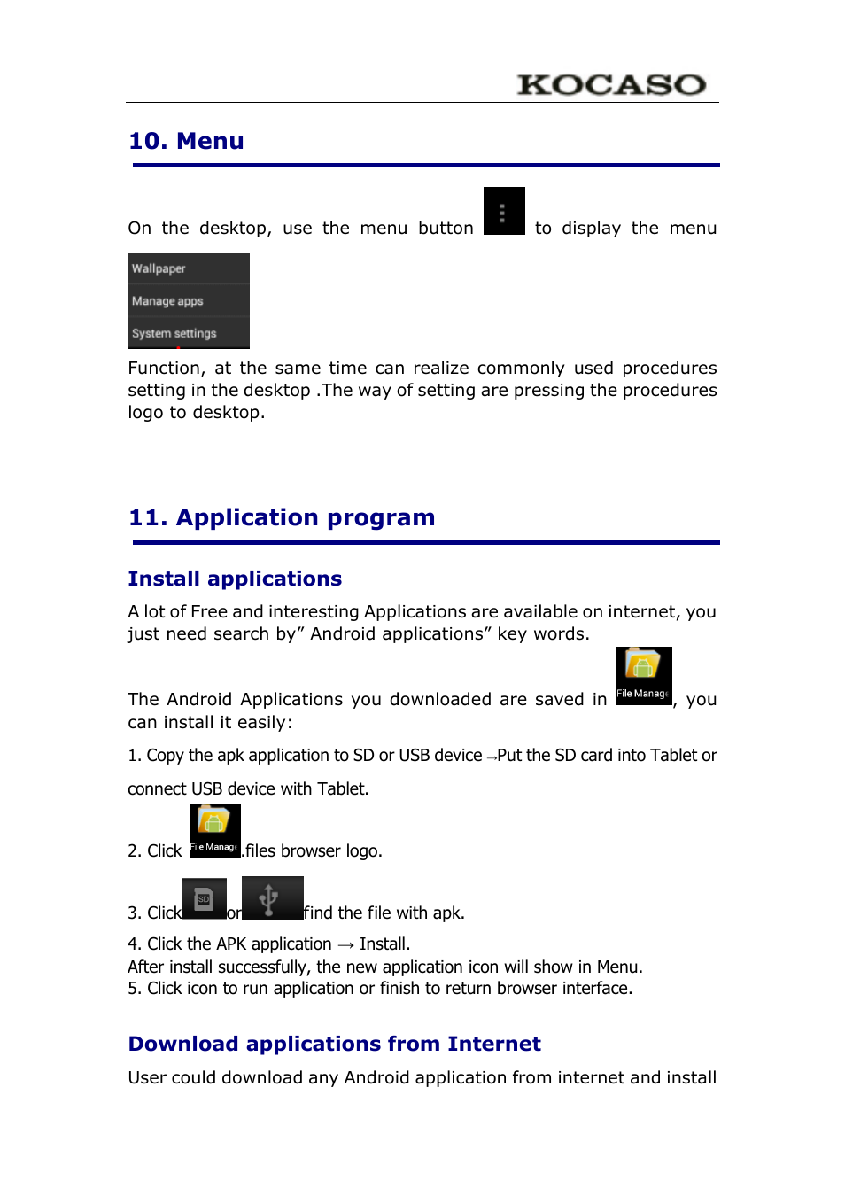 Menu, Application program, Install applications | Download applications from internet | KOCASO M9100 User Manual | Page 13 / 30