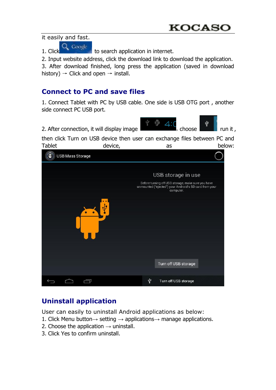 Connect to pc and save files, Uninstall application | KOCASO M9100 User Manual | Page 14 / 30