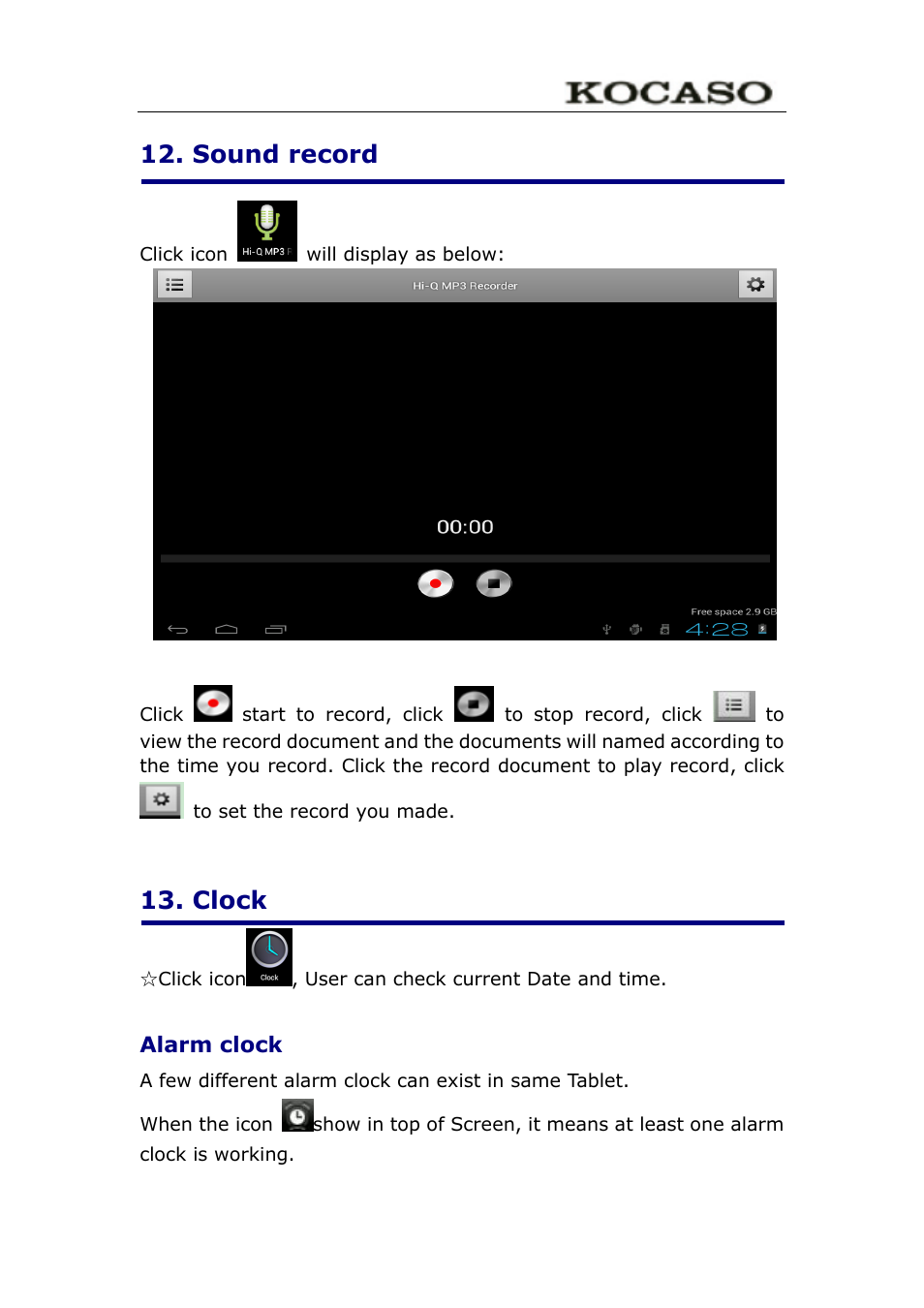 Sound record, Clock, Alarm clock | KOCASO M9100 User Manual | Page 15 / 30