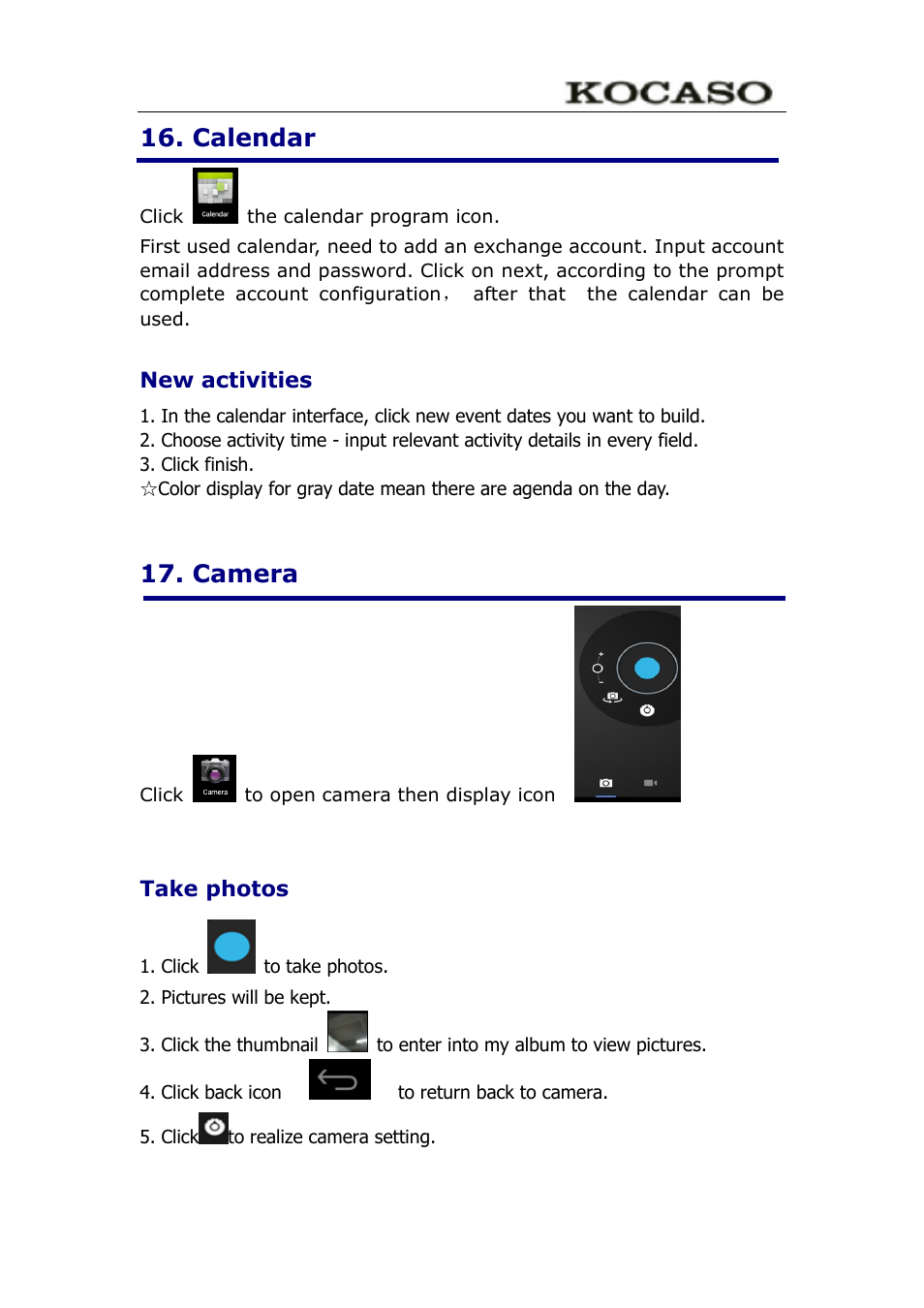 Calendar, New activities, Camera | Take photos | KOCASO M9100 User Manual | Page 18 / 30