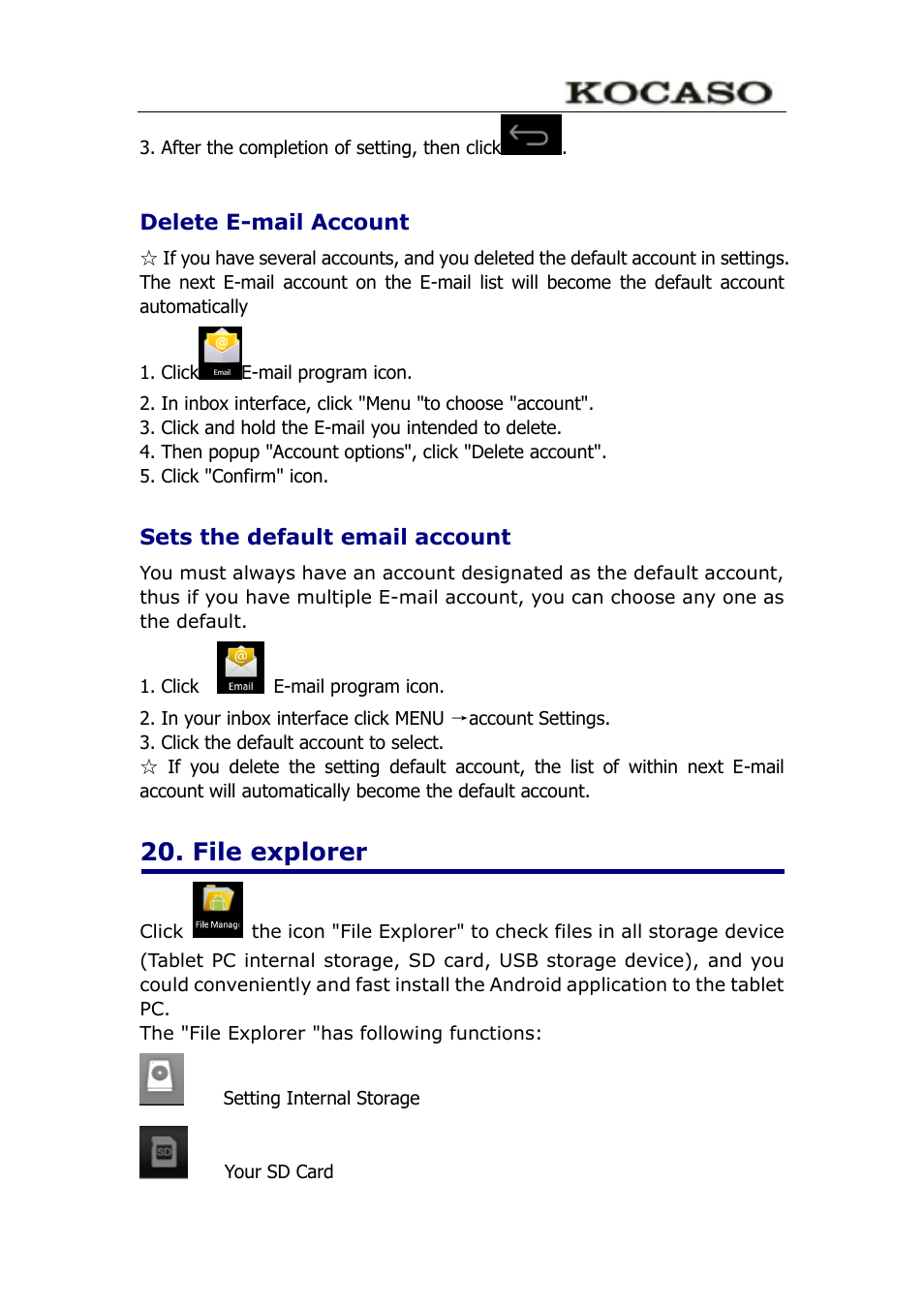 Delete e-mail account, Sets the default email account, File explorer | KOCASO M9100 User Manual | Page 21 / 30