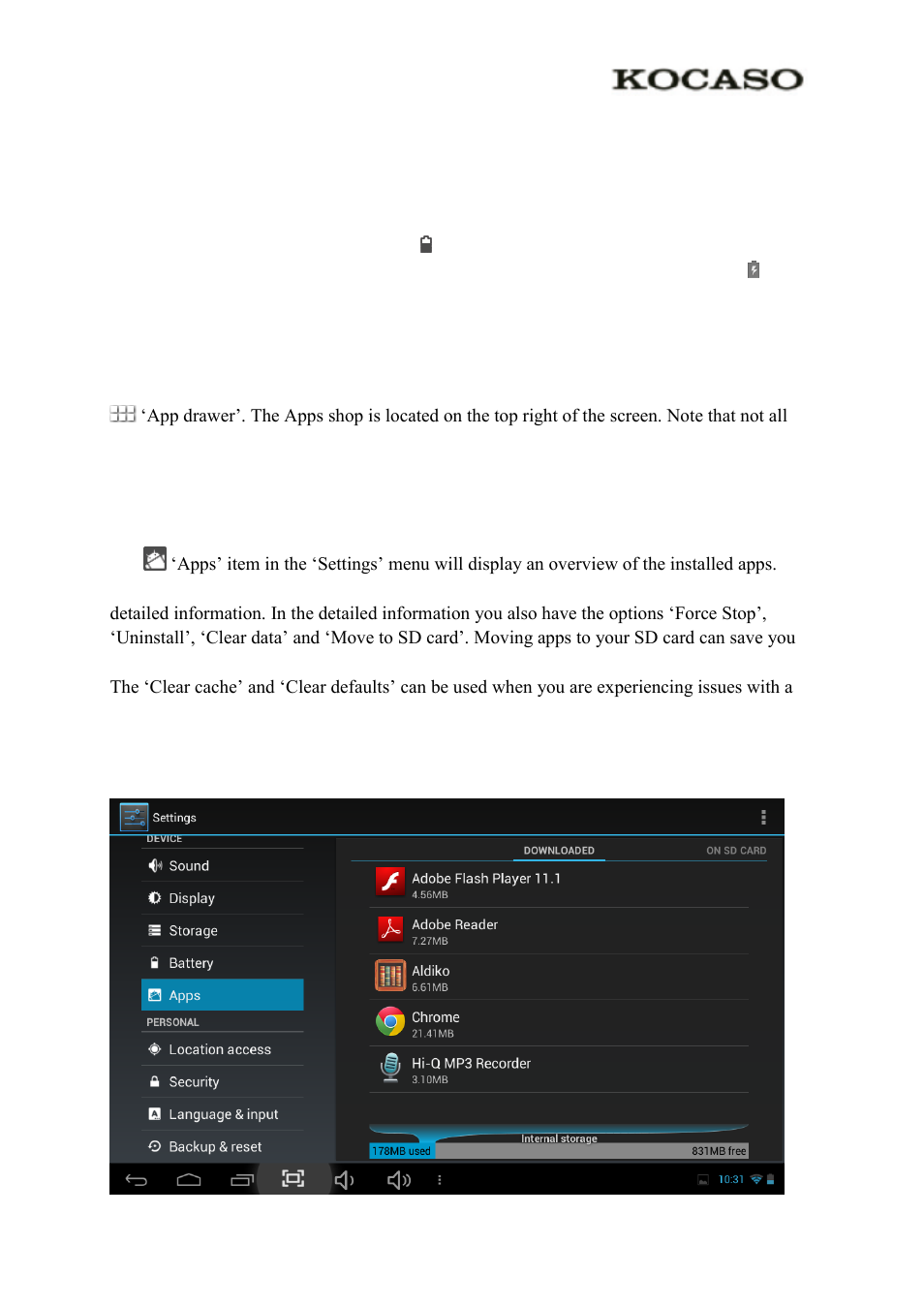 3 general operation, 1 battery status / charging your tablet, 2 installing apps | 3 administer / remove apps | KOCASO M9200 User Manual | Page 7 / 13