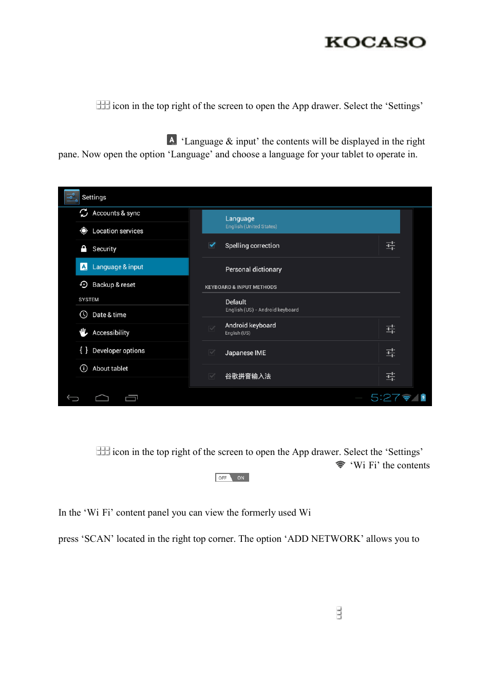 4 basic setup, 1 changing operating language, 2 wi-fi settings | KOCASO M9200 User Manual | Page 9 / 13
