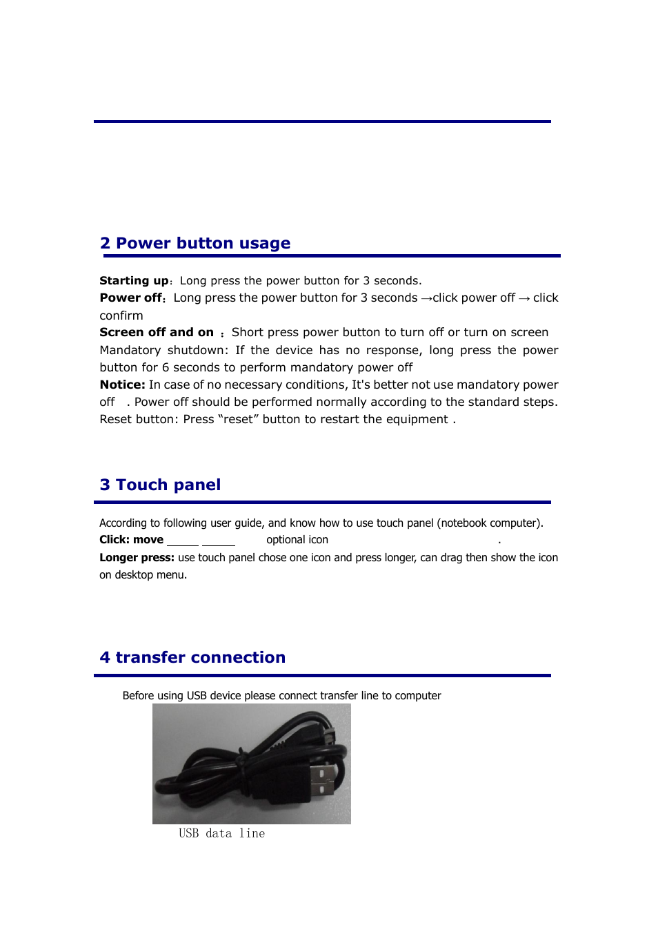 Power button usage 3. touch, Panel, Transfer line | 2 power button usage, 3 touch panel, 4 transfer connection | KOCASO NB1016 User Manual | Page 3 / 27