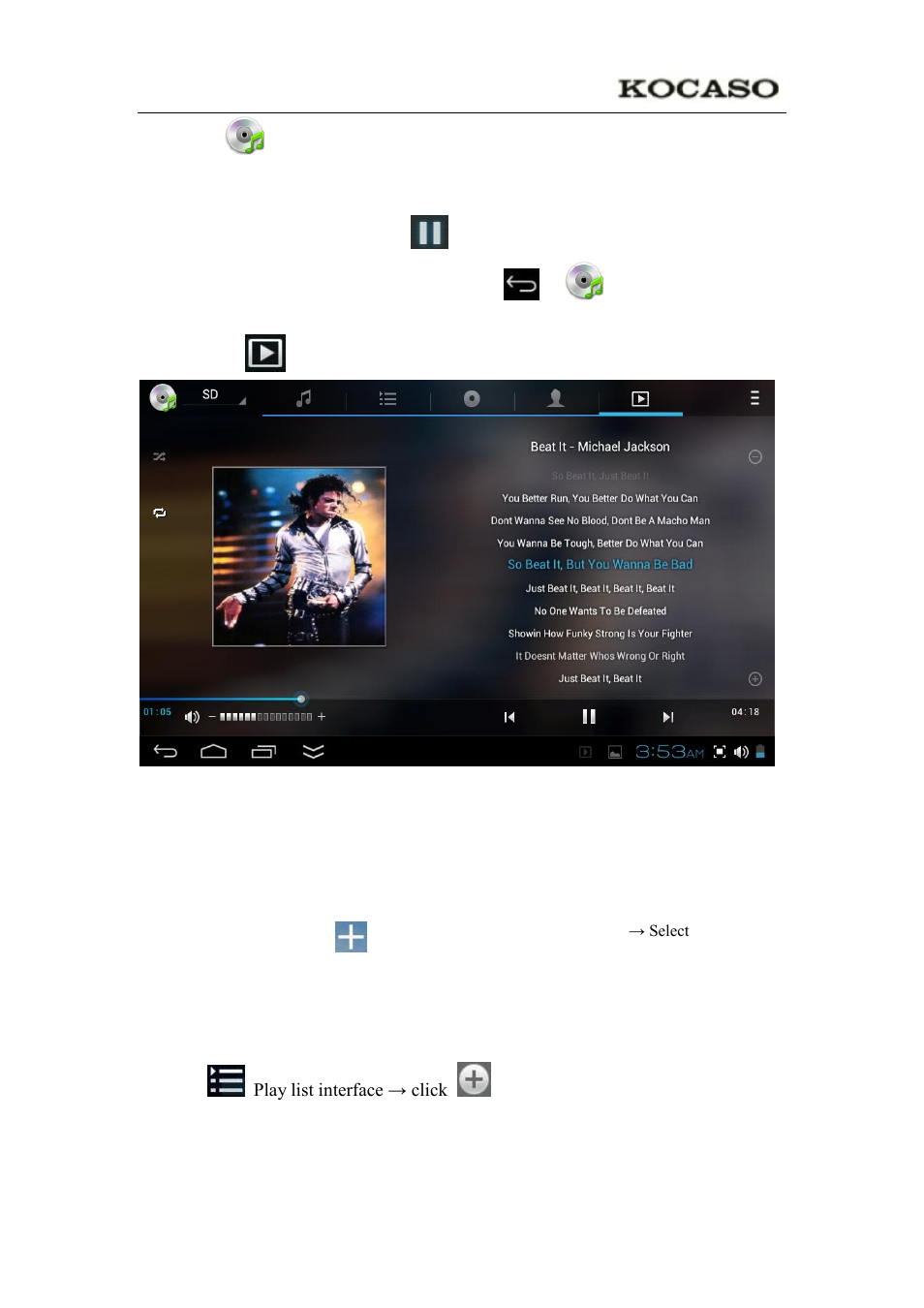 Create music widget, The operation with music and playlist | KOCASO NB1400A User Manual | Page 23 / 35