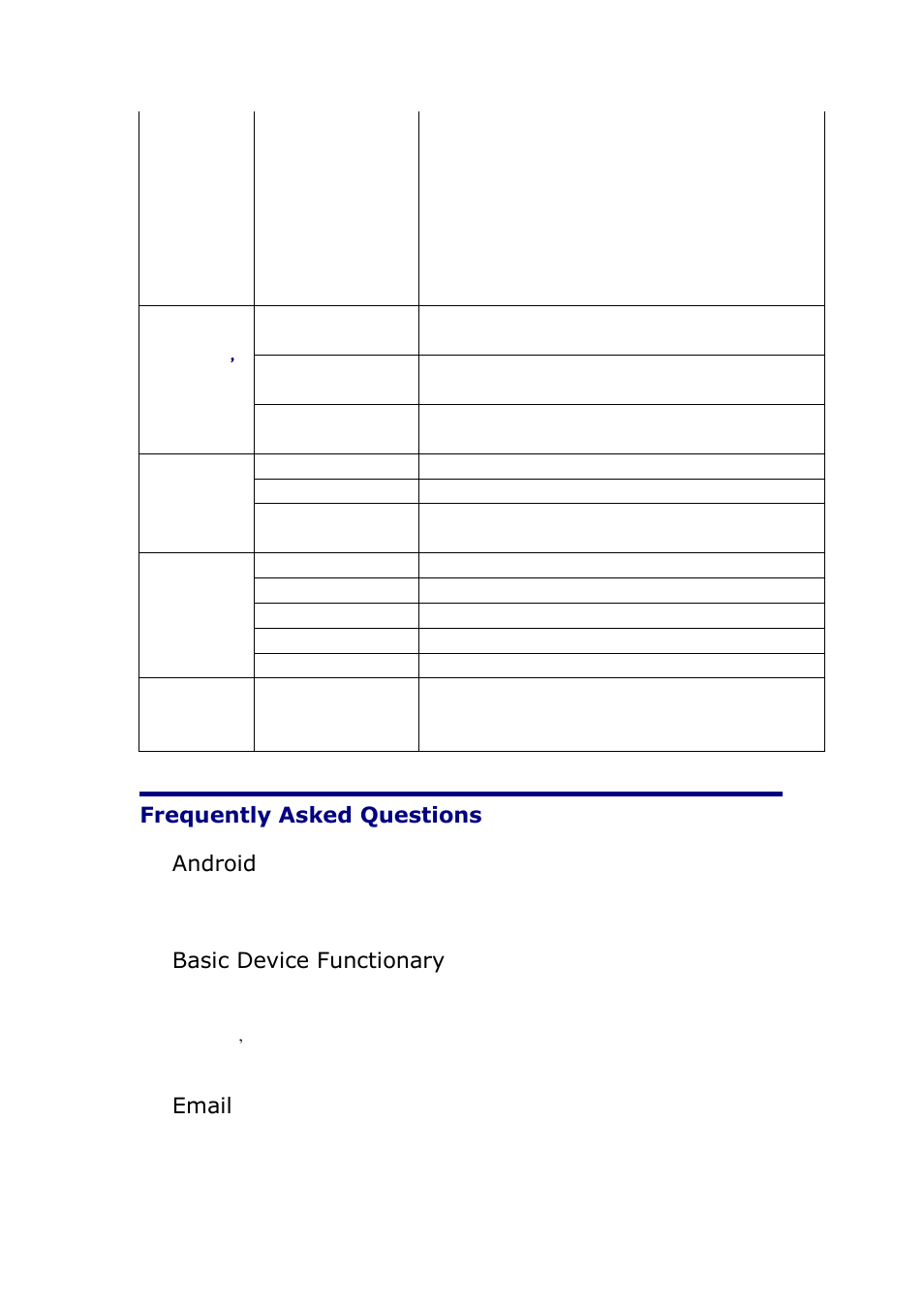 Frequently asked questions, Frequently asked questions android, Basic device functionary | Email | KOCASO NB716 User Manual | Page 28 / 31