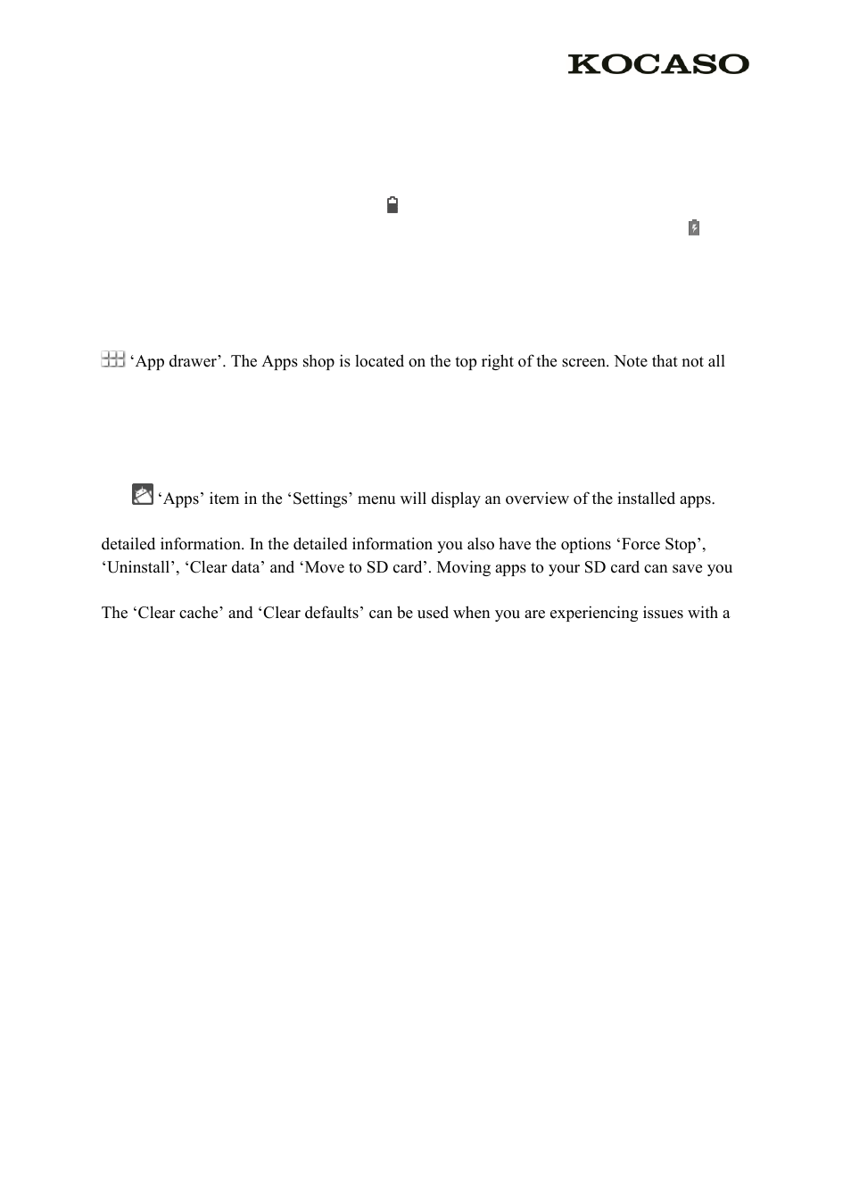 0 general operation, 1 battery status / charging your tablet, 2 installing apps | 3 administer / remove apps | KOCASO SX9730 User Manual | Page 7 / 15