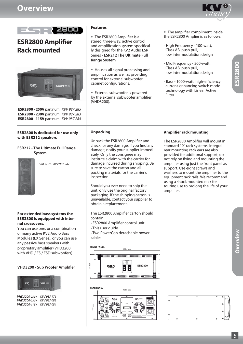 Overview, Esr2800 amplifier rack mounted, Esr2800 | Overview 5 | KV2 Audio ESR212 User Manual | Page 5 / 20