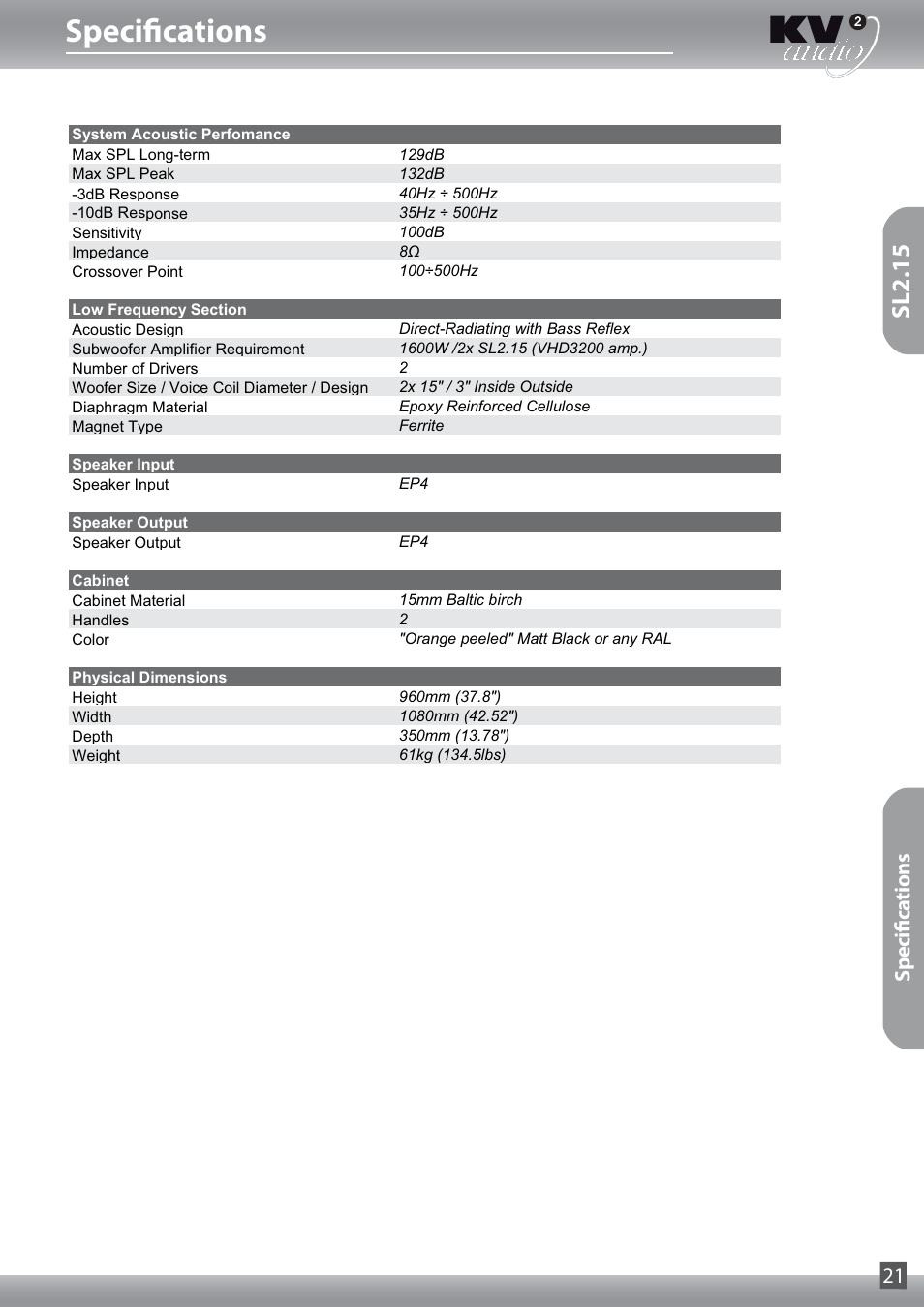 Specifications, Sl2.15, Specifications 21 | KV2 Audio SL2.15 User Manual | Page 21 / 28