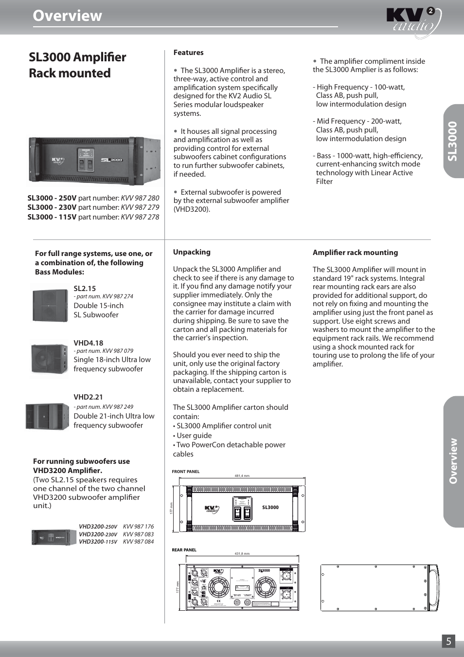 Overview, Sl3000 amplifier rack mounted, Sl3000 | Overview 5 | KV2 Audio SL2.15 User Manual | Page 5 / 28